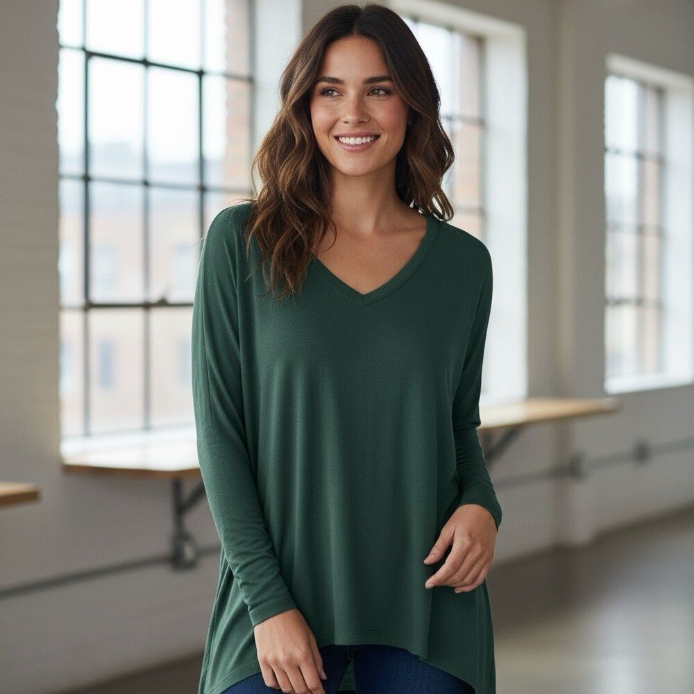 Soft Surroundings Top Women Medium Teal Knit Long Sleeve Relaxed Tunic V Neck